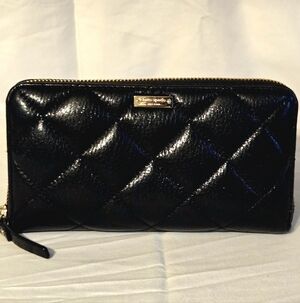 Black Quilted Zip-Around Wallet with Gold Hardware